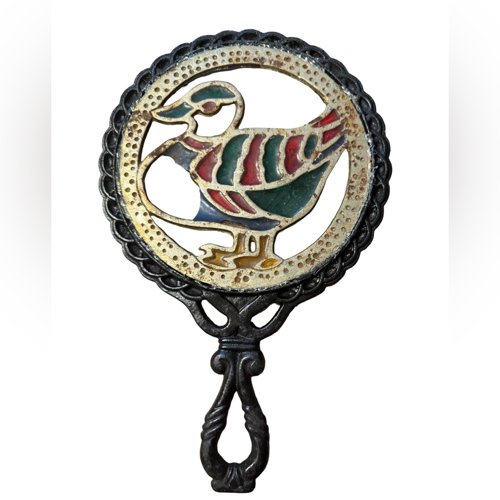 Enamel Inlaid Duck Cast Iron Trivet - Multicolor Accent